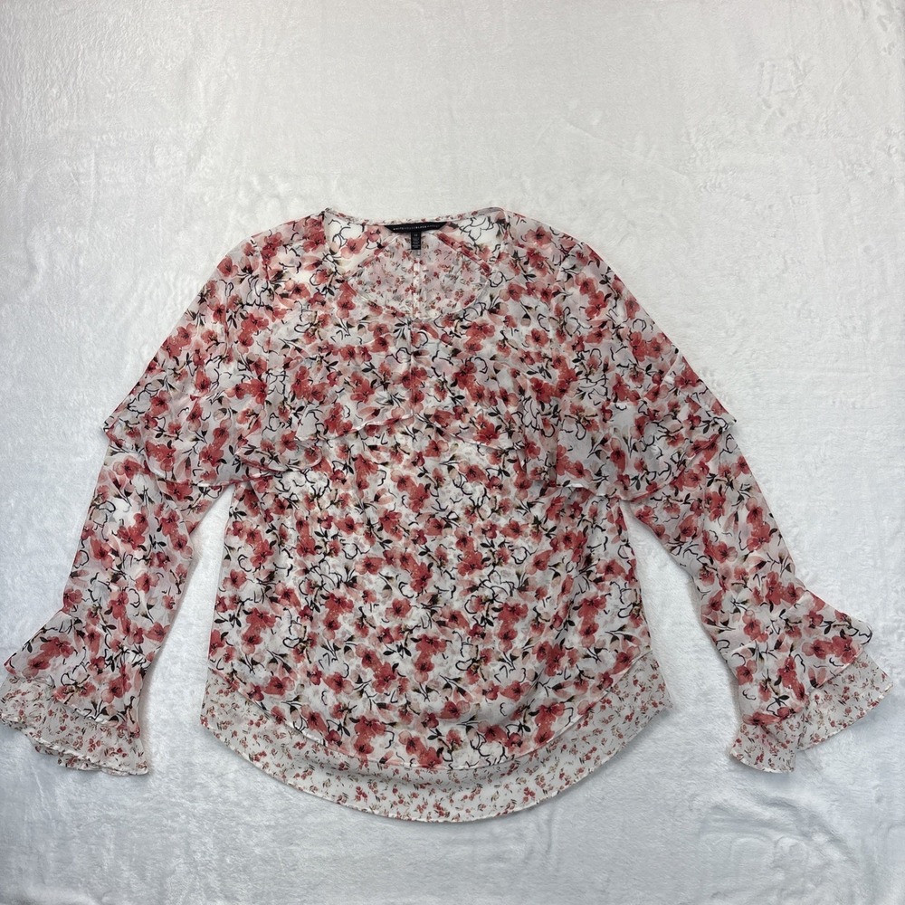 White House Black Market Floral Chiffon Ruffle Blouse Womens Size 12 Bell Sleeve